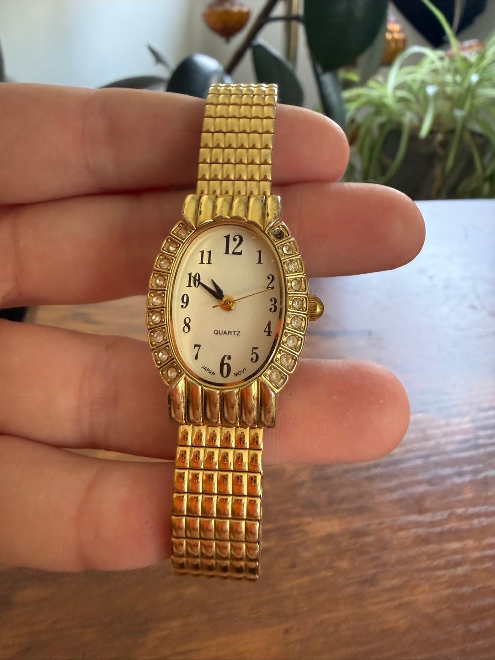 Gold Tone Women's Quartz Bracelet Watch with Rhinestone Accents